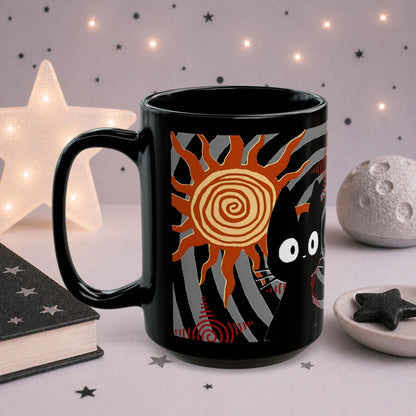 Black cat alt mug detail shot, alternative grunge ceramic coffee cup with trippy cat artwork NekoStyleStudio