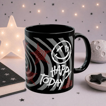 Black cat alt grunge mug 15oz, dark aesthetic ceramic coffee cup with bold sunshine chaos design, glossy finish