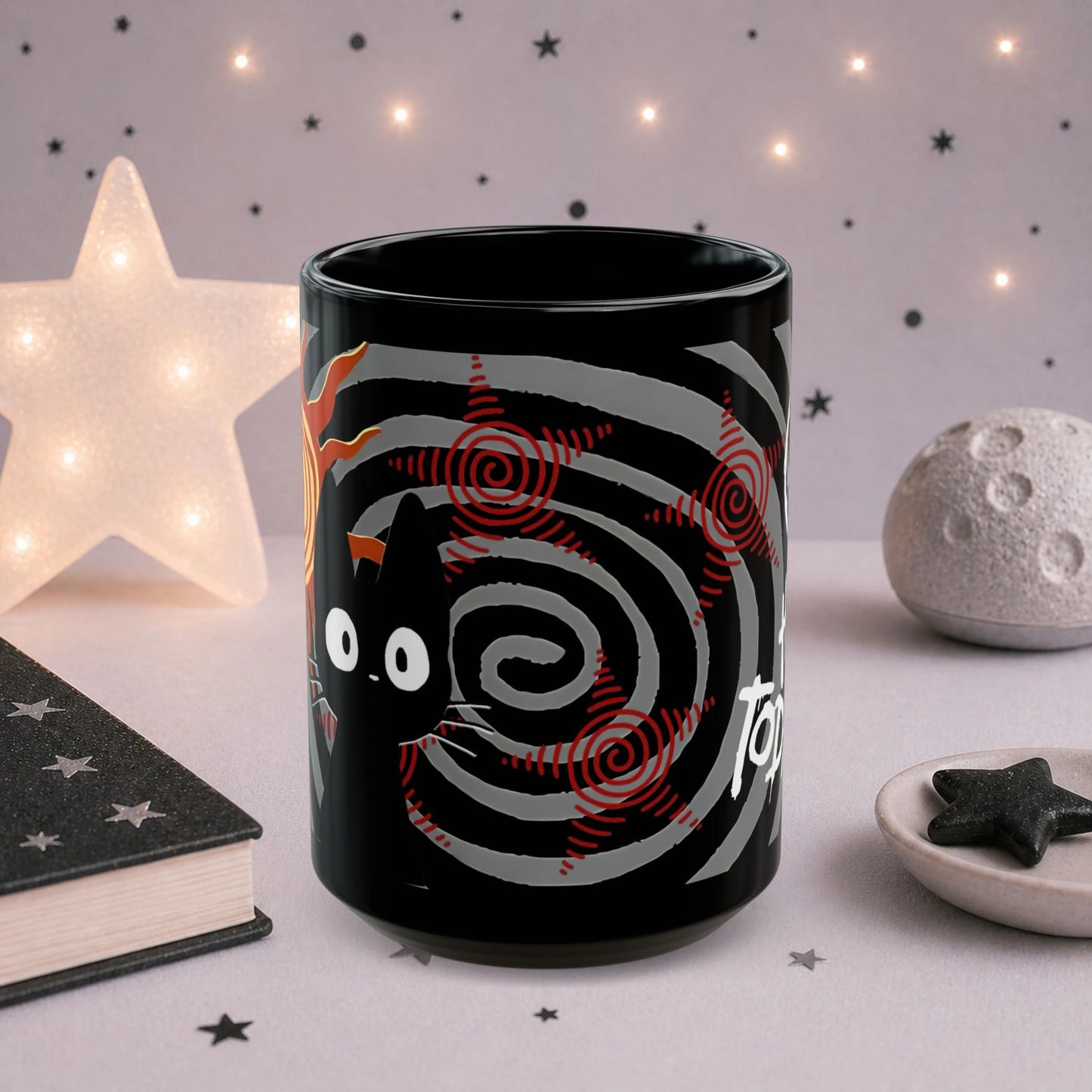 Black cat alt mug side view, grunge ceramic coffee cup with vivid sublimation print on both sides