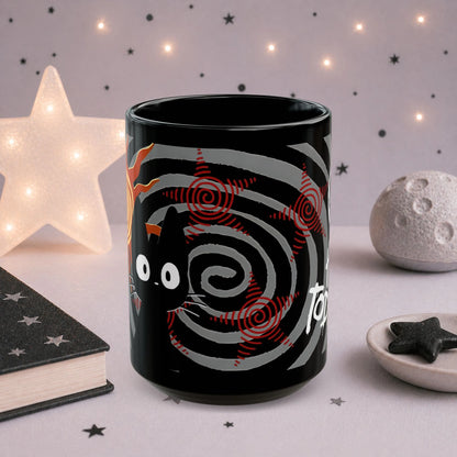 Black cat alt mug side view, grunge ceramic coffee cup with vivid sublimation print on both sides