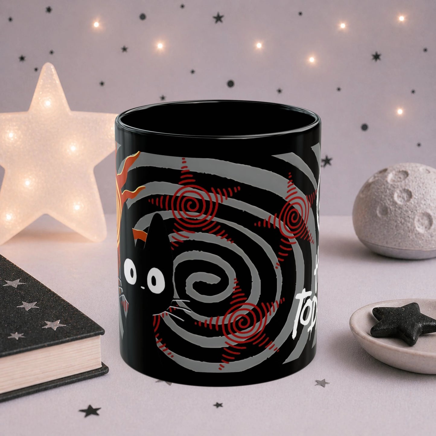 Black cat grunge mug close-up, bold trippy sunshine and chaos art on dark aesthetic ceramic coffee cup