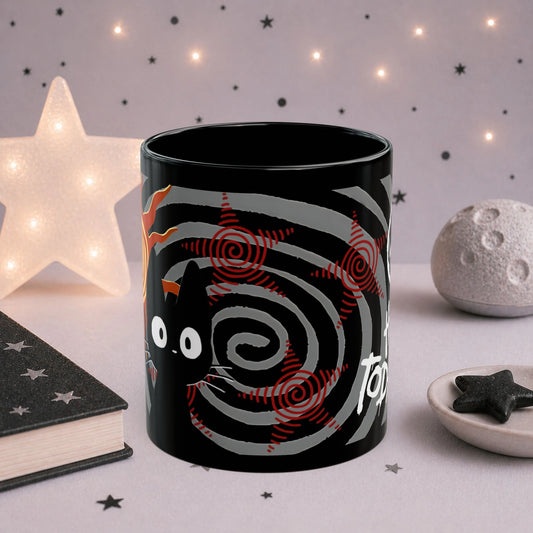 Black cat grunge mug close-up, bold trippy sunshine and chaos art on dark aesthetic ceramic coffee cup