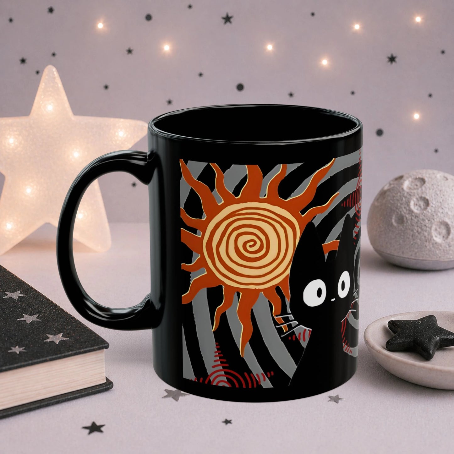 Black cat alt grunge mug lifestyle shot, dark aesthetic ceramic coffee cup with sunshine chaos artwork in moody setting