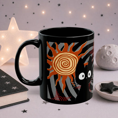 Black cat alt grunge mug lifestyle shot, dark aesthetic ceramic coffee cup with sunshine chaos artwork in moody setting