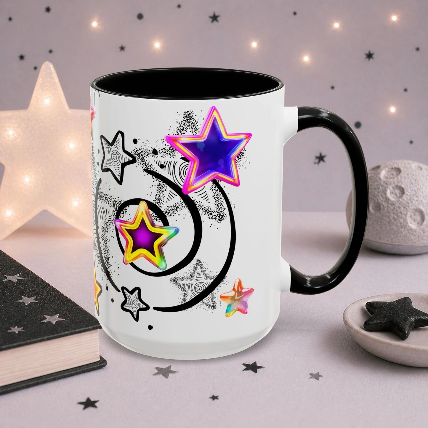 Wraparound celestial cat mug design featuring doodle stars, holographic star accents and whimsical gothic artwork on a white ceramic mug.