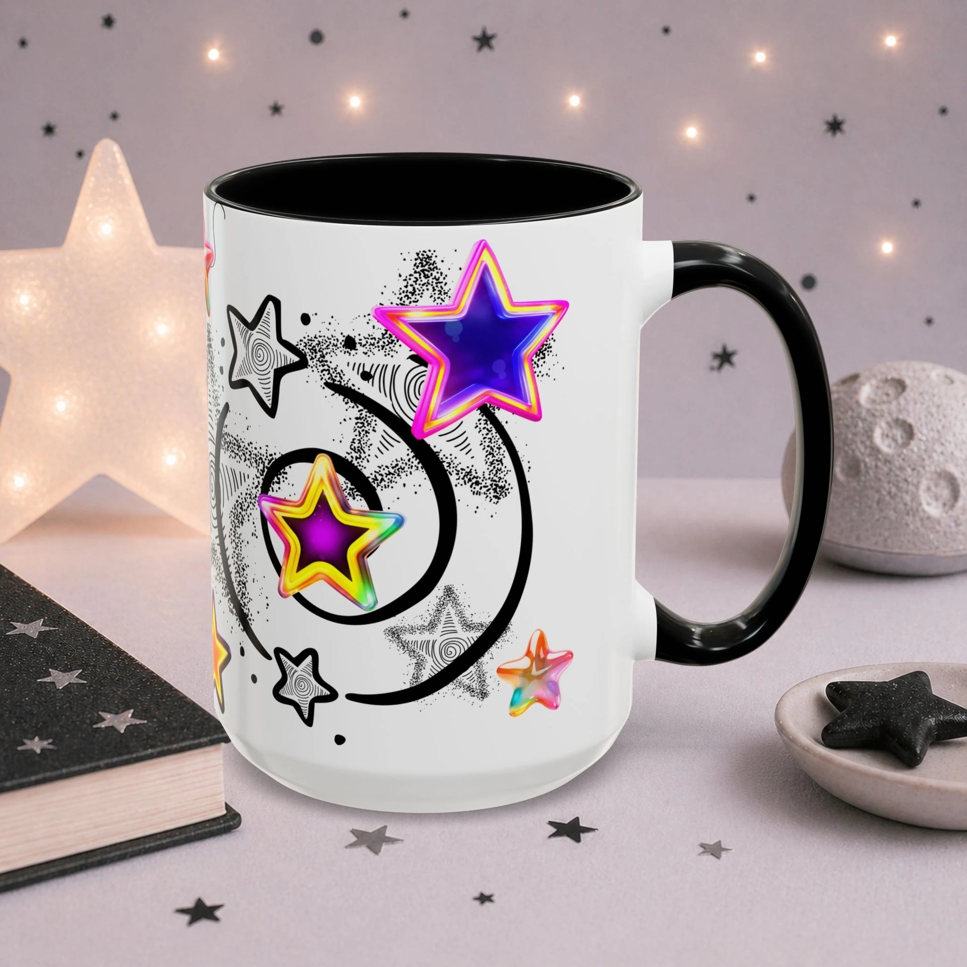 Wraparound celestial cat mug design featuring doodle stars, holographic star accents and whimsical gothic artwork on a white ceramic mug.