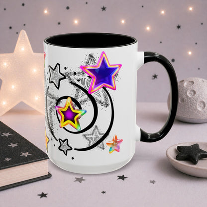 Wraparound celestial cat mug design featuring doodle stars, holographic star accents and whimsical gothic artwork on a white ceramic mug.