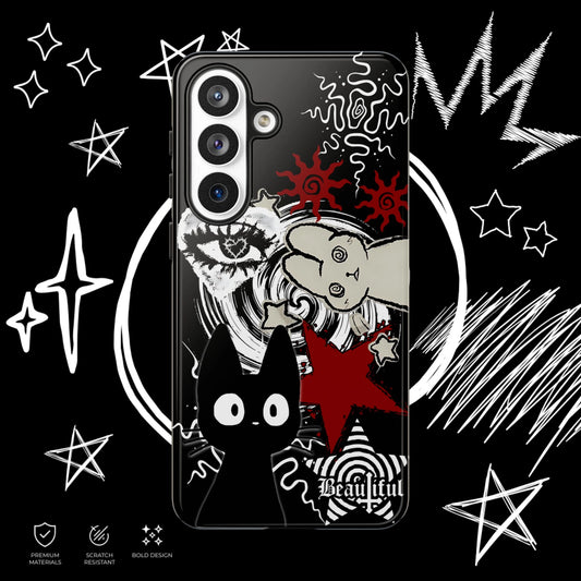 Black cat phone case featuring gothic teddy bear design, red accents and dark aesthetic artwork