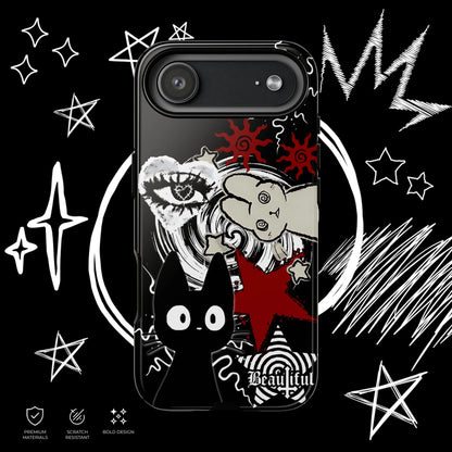 Gothic grunge phone case featuring black cat artwork, red star accents and emo aesthetic design