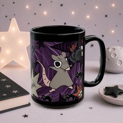 Wraparound goth rat mug featuring spooky black cats, celestial stars and grunge purple background, unique alternative aesthetic coffee cup.