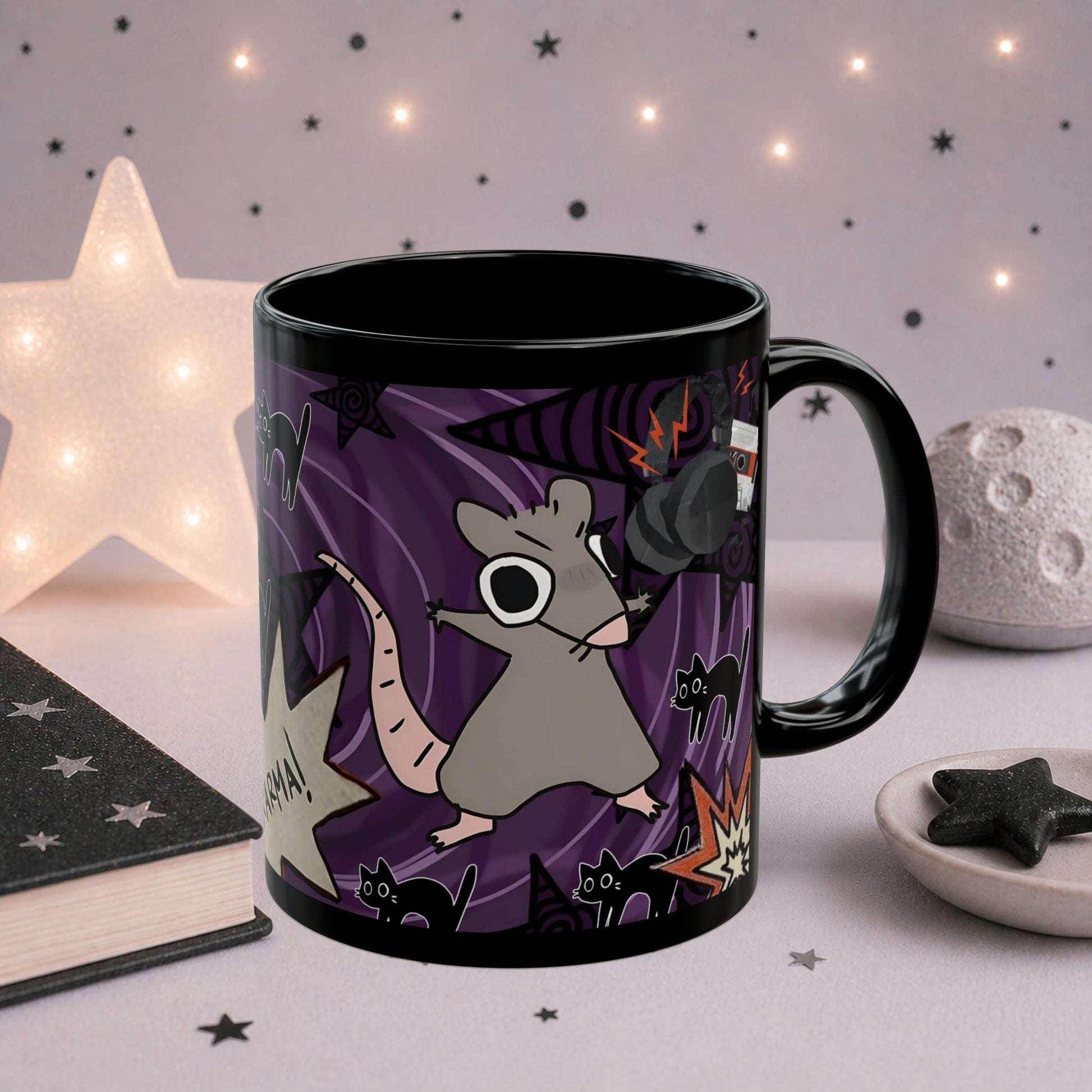 Alternative gothic mug with cartoon rat illustration, black cats and dark purple celestial artwork, black ceramic cup for coffee and tea lovers.