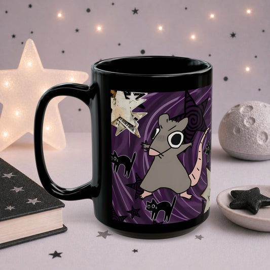 Cute goth rat coffee mug featuring black cats, purple celestial patterns and spooky alternative aesthetic design, perfect for gothic decor lovers.