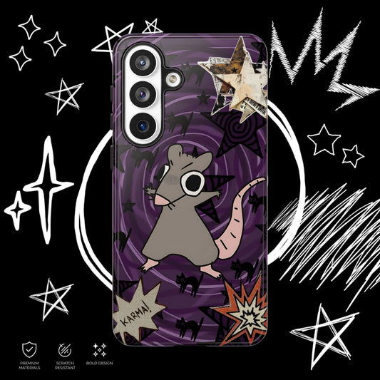 Cute gothic rat phone case featuring dark purple swirls, black cat pattern and emo style design