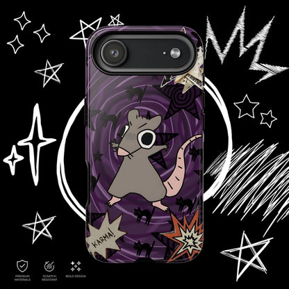 Purple emo phone case featuring cute rat illustration, gothic symbols and alternative aesthetic design