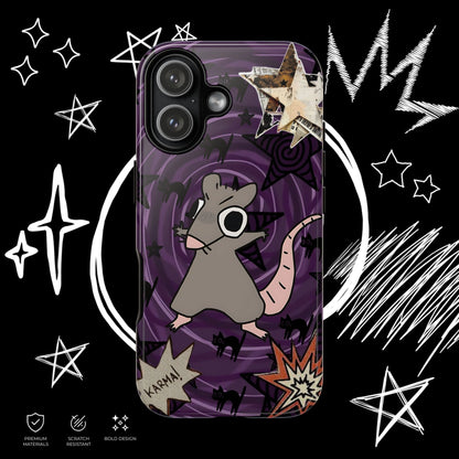 Grunge rat phone case with black cat accents, purple swirl background and gothic artwork