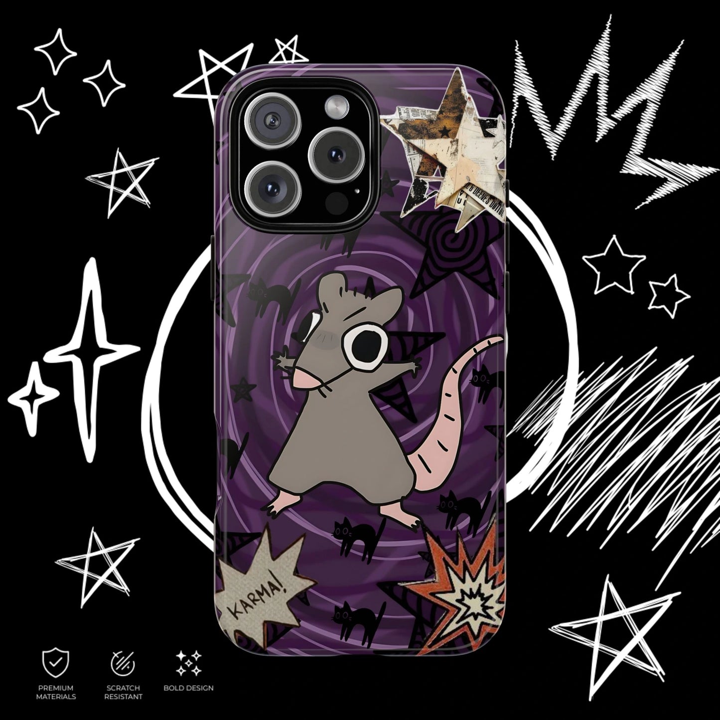 Alternative goth phone cover with cartoon rat, dark purple aesthetic and collage star details