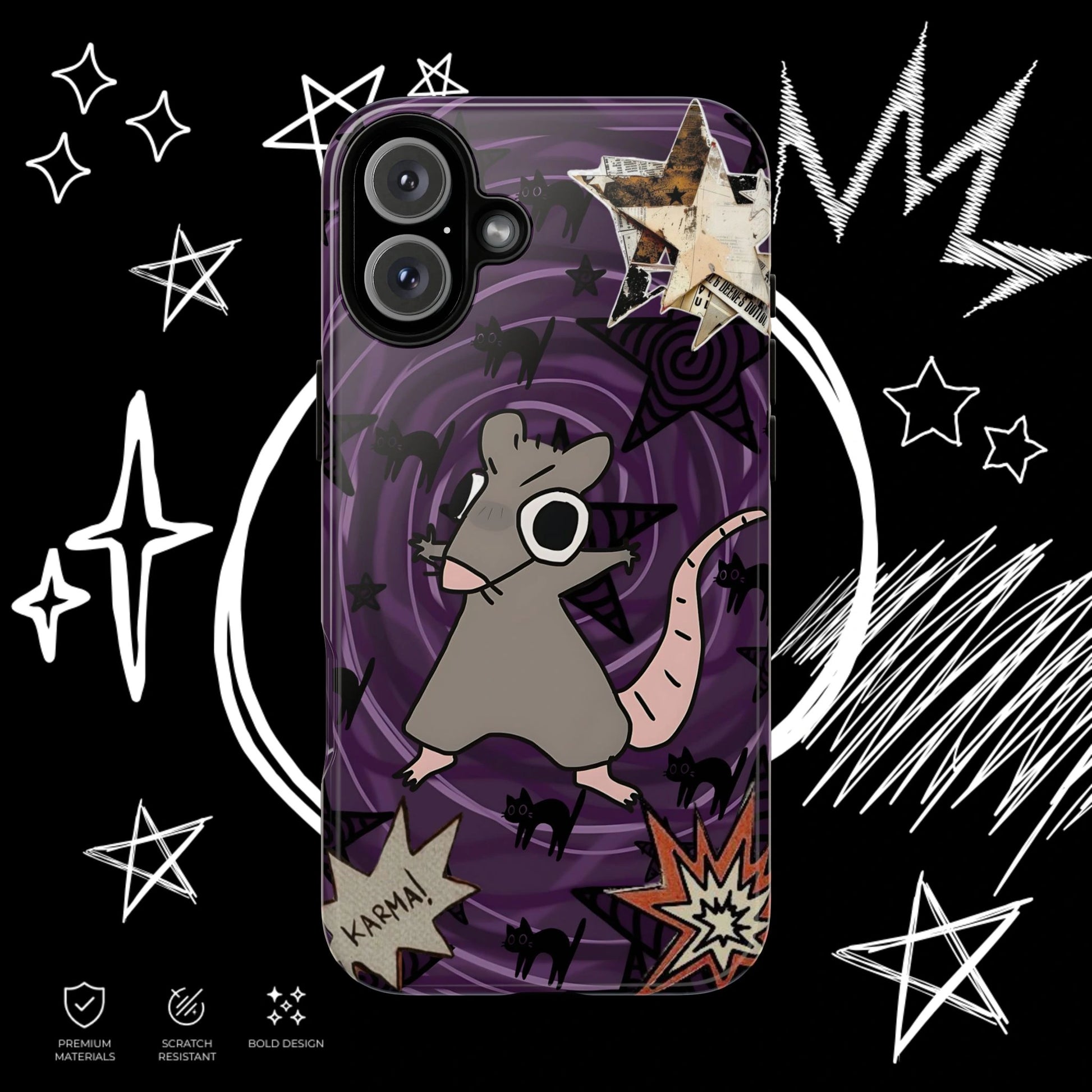 Gothic purple rat phone case with alternative emo design, black cats and vintage collage elements