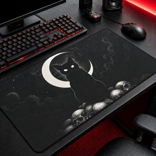 Black cat crescent moon desk mat with glowing eyes and gothic design – NekoStyleStudio