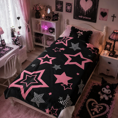Pink and Black Star Velveteen Plush Blanket,
