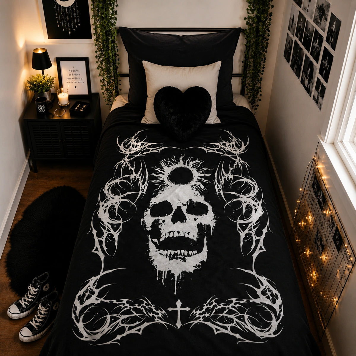 Black gothic skull blanket on a bed in a pastel goth alt bedroom with fairy lights – NekoStyleStudio