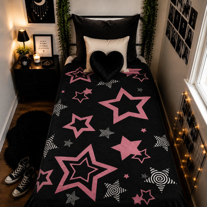 Pink and Black Star Velveteen Plush Blanket,
