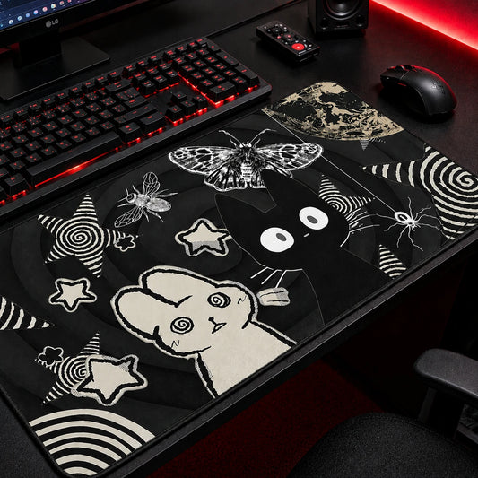 Kawaii gothic mousepad XL with creepy cute bunny and cat design — dark aesthetic gaming desk mat for anime and goth setups