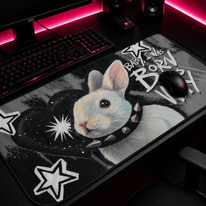 Dark punk bunny mousepad with stars and hearts — rebellious alt aesthetic desk mat for gamers and goth setups