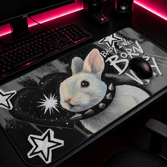 Dark punk bunny mousepad with stars and hearts — rebellious alt aesthetic desk mat for gamers and goth setups