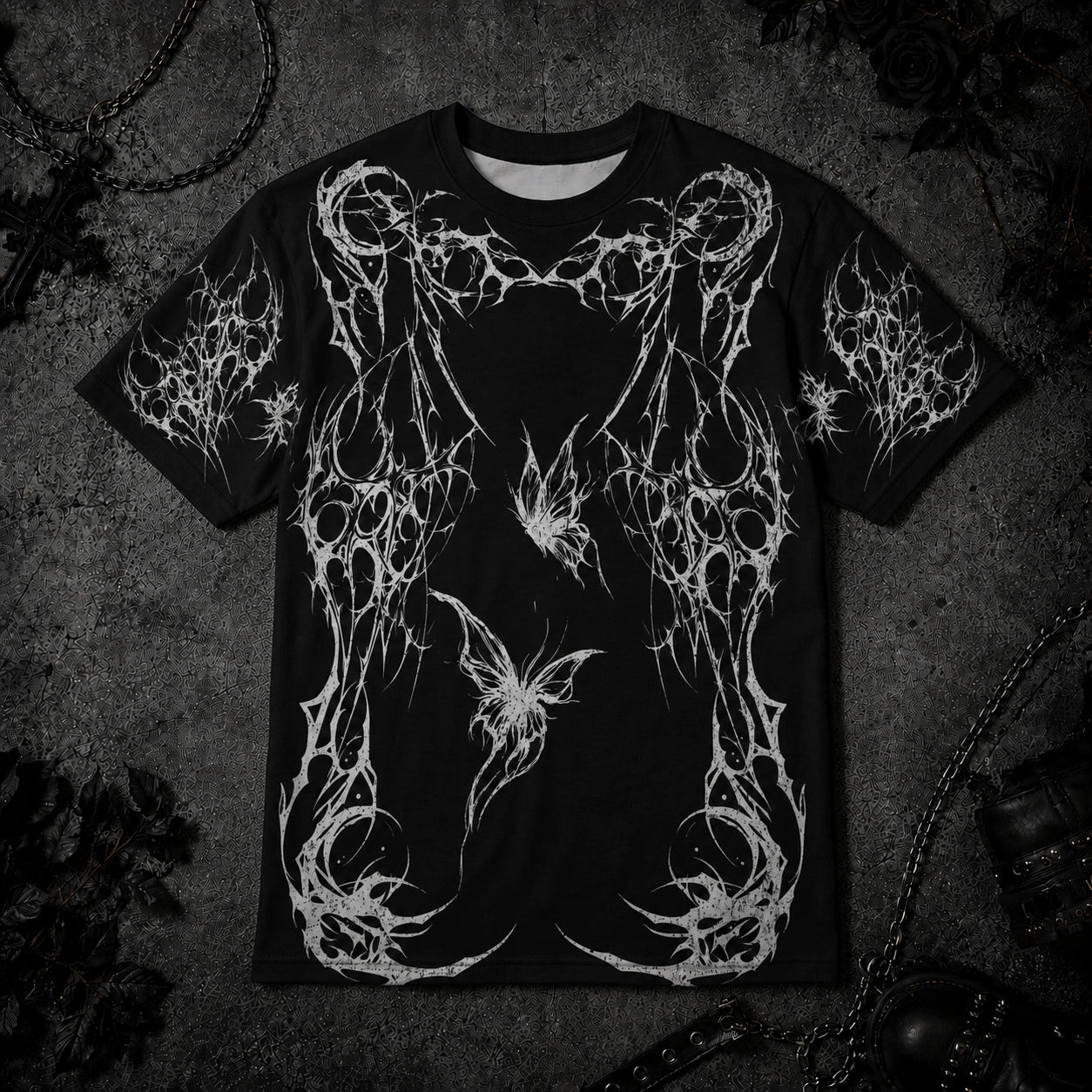 Black gothic butterfly t-shirt featuring distressed butterfly artwork, tribal frame design and dark alternative aesthetic.