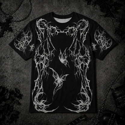 Black gothic butterfly t-shirt featuring distressed butterfly artwork, tribal frame design and dark alternative aesthetic.