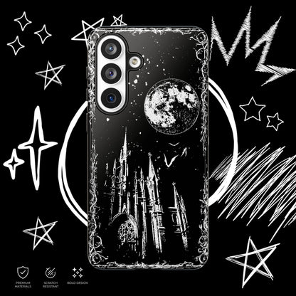Black Gothic Castle Phone Case with Full Moon and Victorian Border Design for Samsung