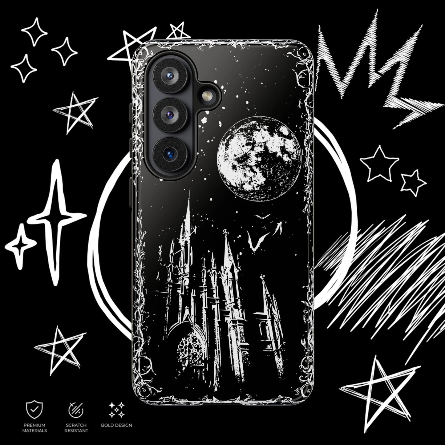 Dark Gothic Castle Phone Case for Samsung Galaxy, Moonlit Night and Vampire Aesthetic Design