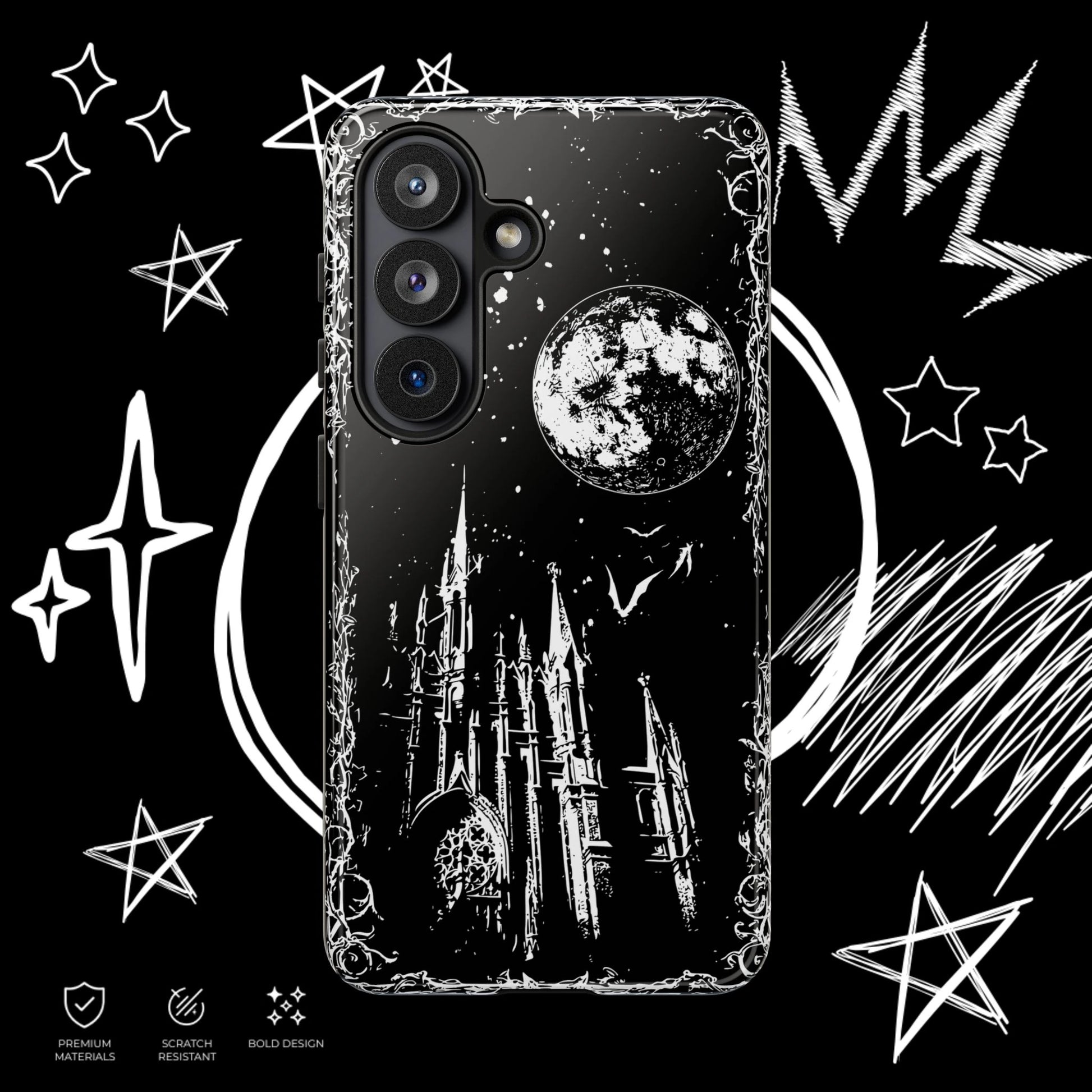 Dark Gothic Castle Phone Case for Samsung Galaxy, Moonlit Night and Vampire Aesthetic Design