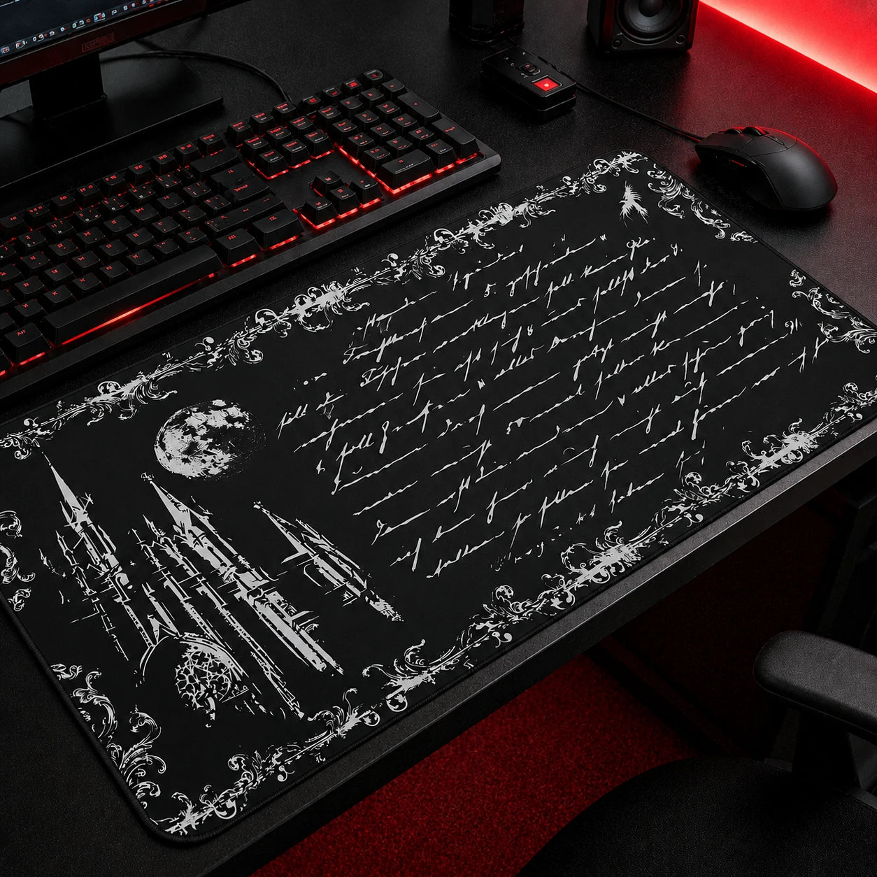 Gothic Victorian castle silhouette against a dramatic dark sky — dark academia desk mat for gamers and fantasy lovers
