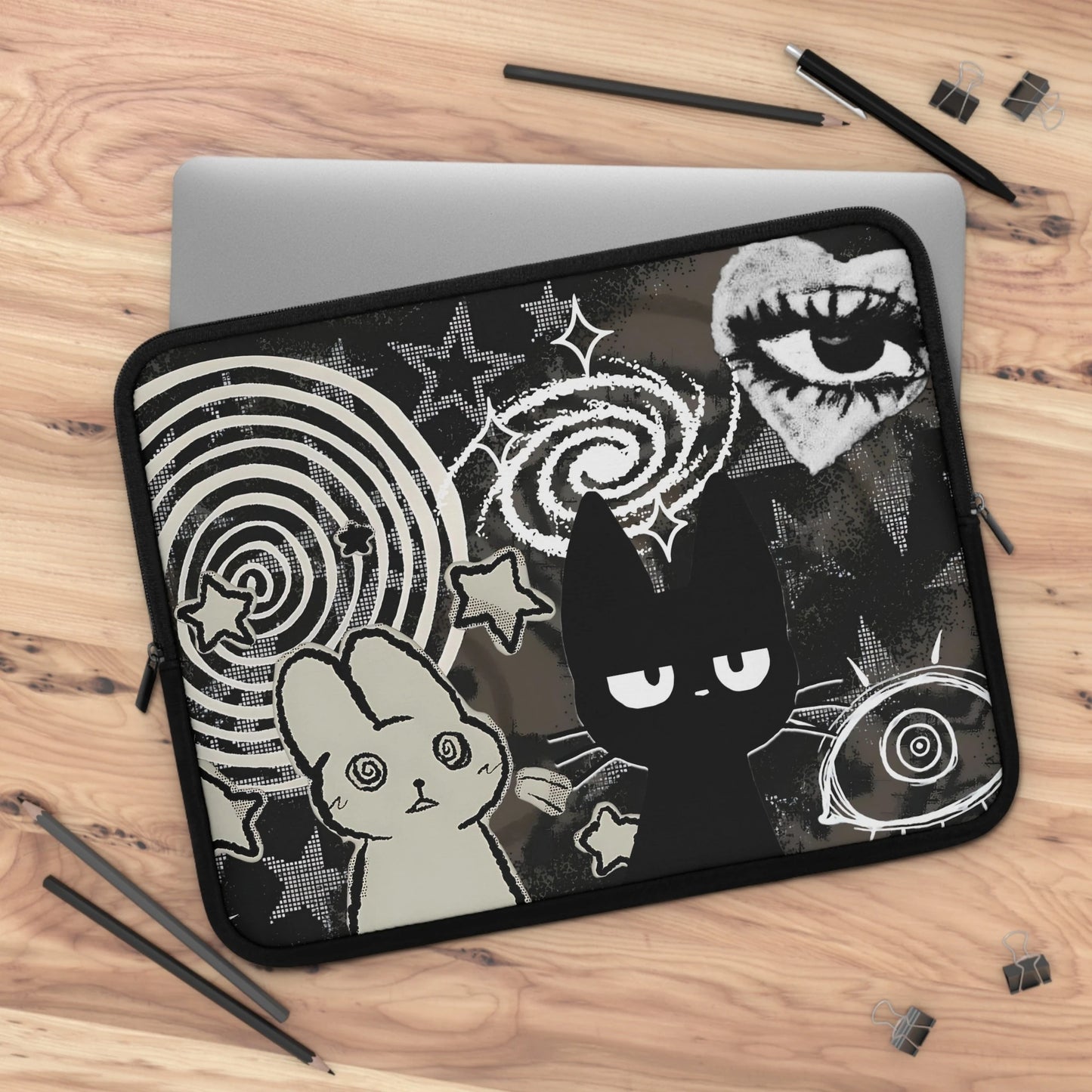 Trippy Bunny & Cat Laptop Sleeve — Alt Gothic Aesthetic Cover