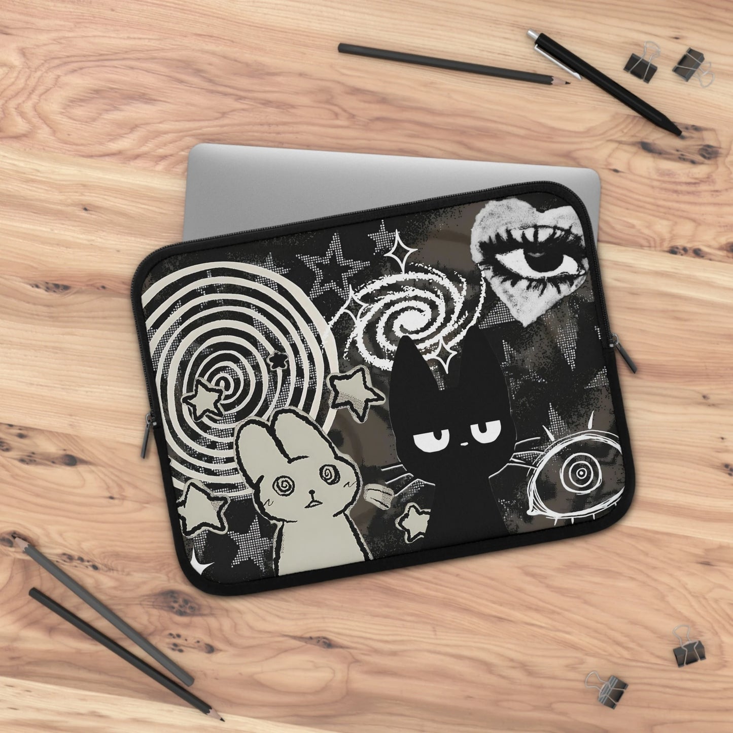 Trippy Bunny & Cat Laptop Sleeve — Alt Gothic Aesthetic Cover