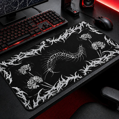 XL gothic centipede desk mat with dark floral horror design – goth gaming mousepad for alternative setups