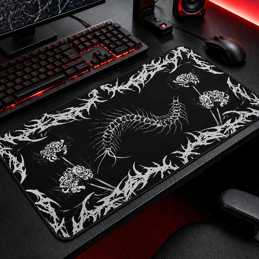 XL gothic centipede desk mat with dark floral horror design – goth gaming mousepad for alternative setups
