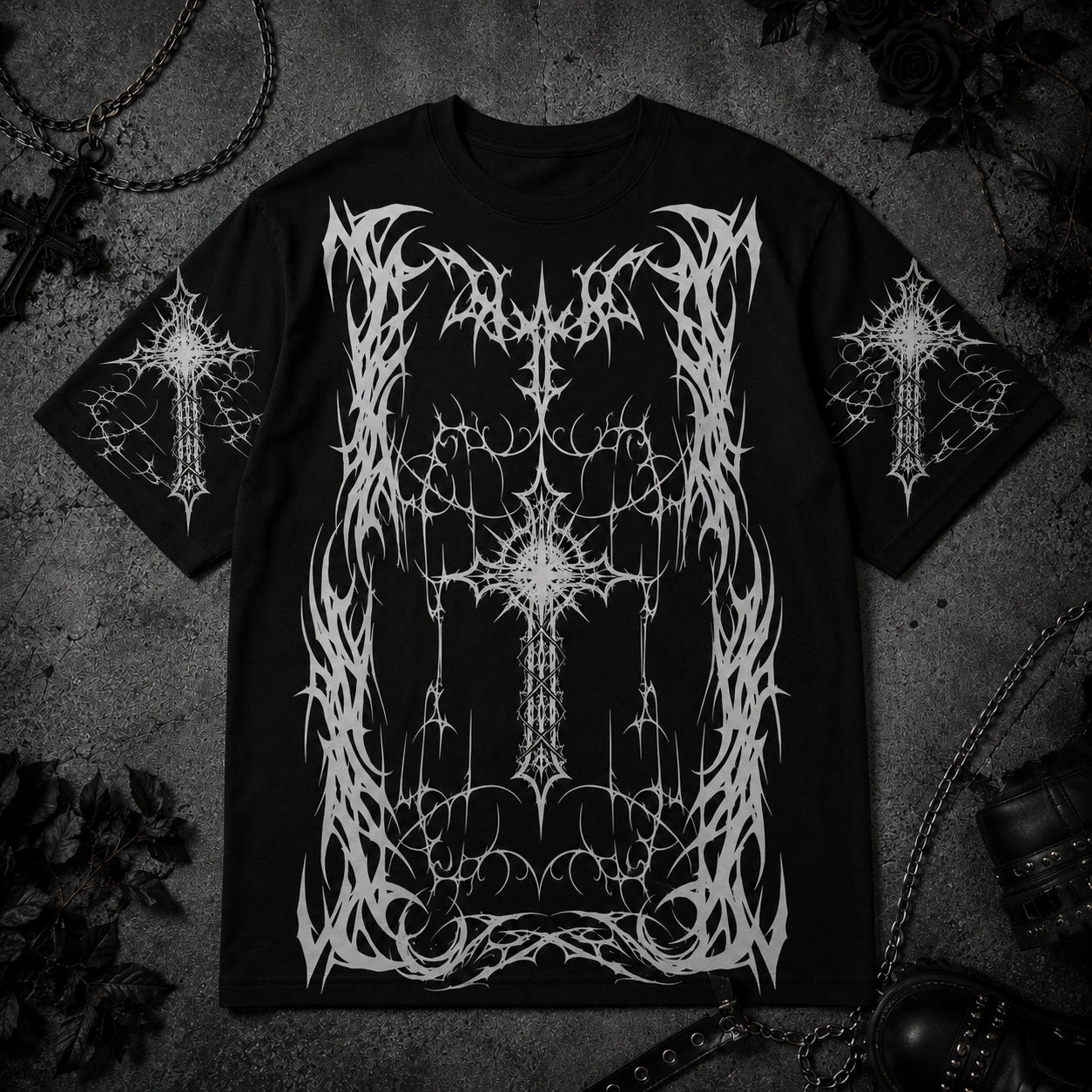 Black oversized gothic t-shirt featuring intricate white cross artwork, black metal inspired graphics and alternative streetwear aesthetic.