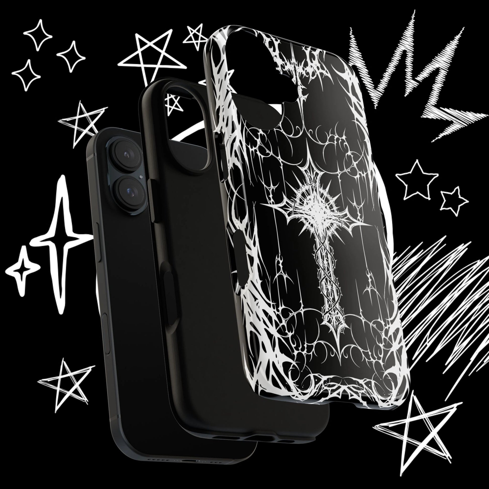 Premium gothic cross phone case mockup showcasing black and white alternative artwork from an angled perspective.