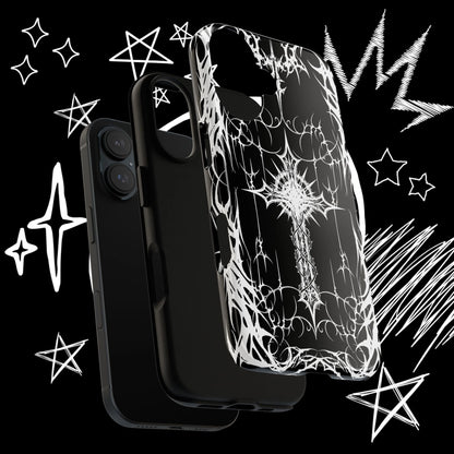Premium gothic cross phone case mockup showcasing black and white alternative artwork from an angled perspective.