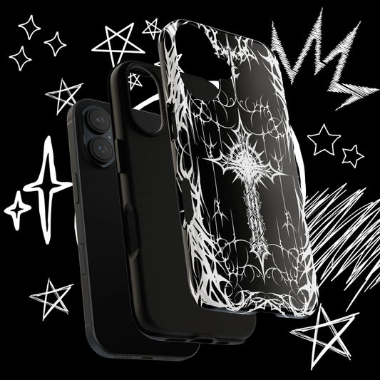 Premium gothic cross phone case mockup showcasing black and white alternative artwork from an angled perspective.