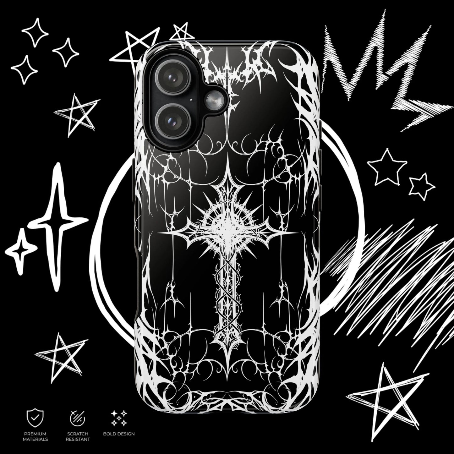 Alternative gothic cross iPhone case with black background and intricate white line art design.