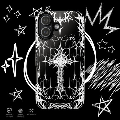 Alternative gothic cross iPhone case with black background and intricate white line art design.