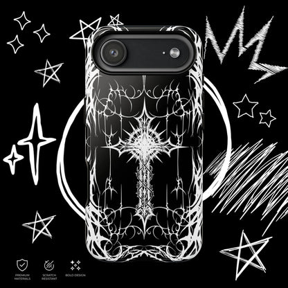 Slim black gothic phone case featuring an ornate white cross and tribal-inspired details.