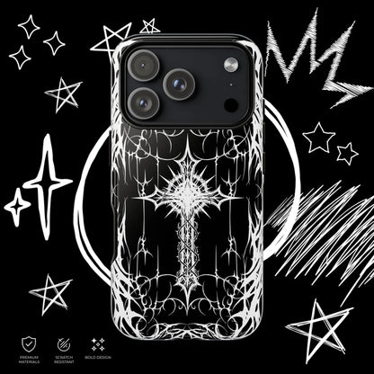 Gothic cross Google Pixel phone case with alternative black and white artwork inspired by emo and goth fashion.