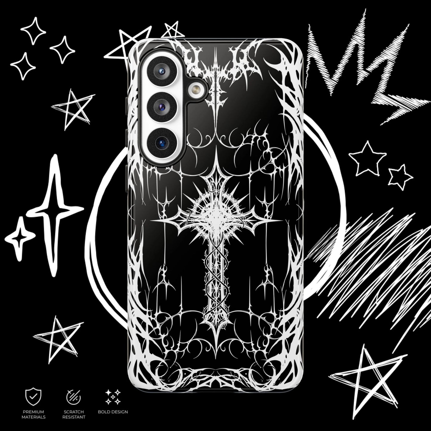 Gothic cross Samsung phone case with black background and detailed white tribal graphics.