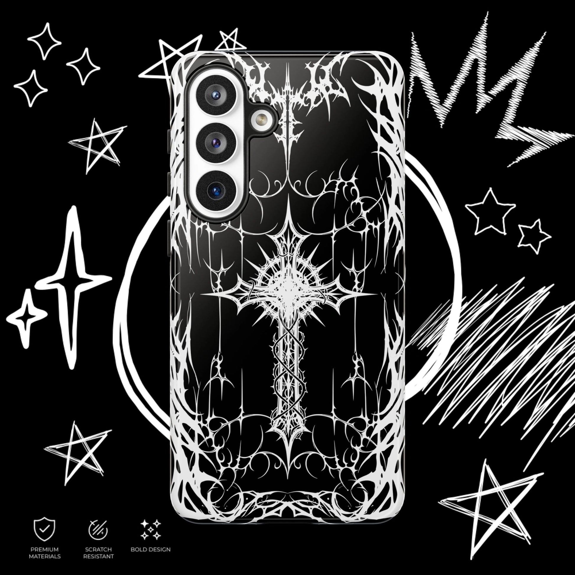 Gothic cross Samsung phone case with black background and detailed white tribal graphics.