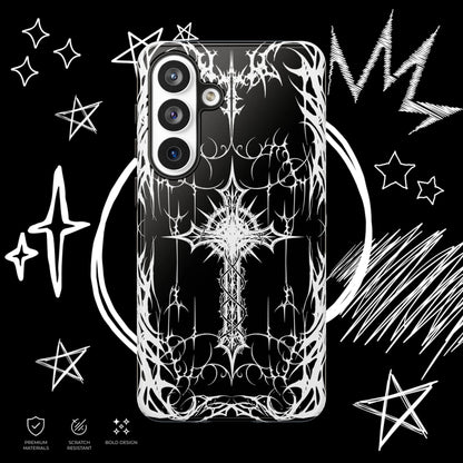 Gothic cross Samsung phone case with black background and detailed white tribal graphics.