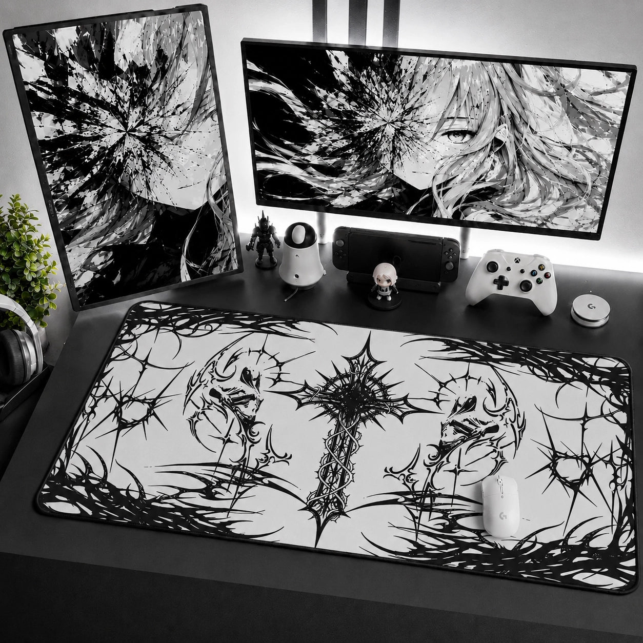 Black and White Gothic Cross Desk Mat with Spider Web Design for Gaming Setup